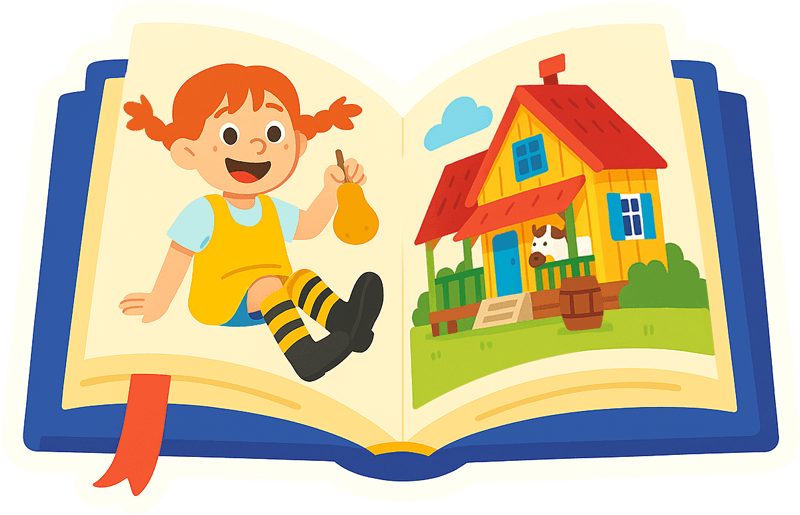 Ein aufgeschlagenes Buch mit Pippi Langstrumpf auf der einen Seite und ihrem Haus auf der anderen Seite. Symbol für die ehrenamtlichen Vorleser:innen der "Villa Kunterbunt" Kita in Düsseldorf.